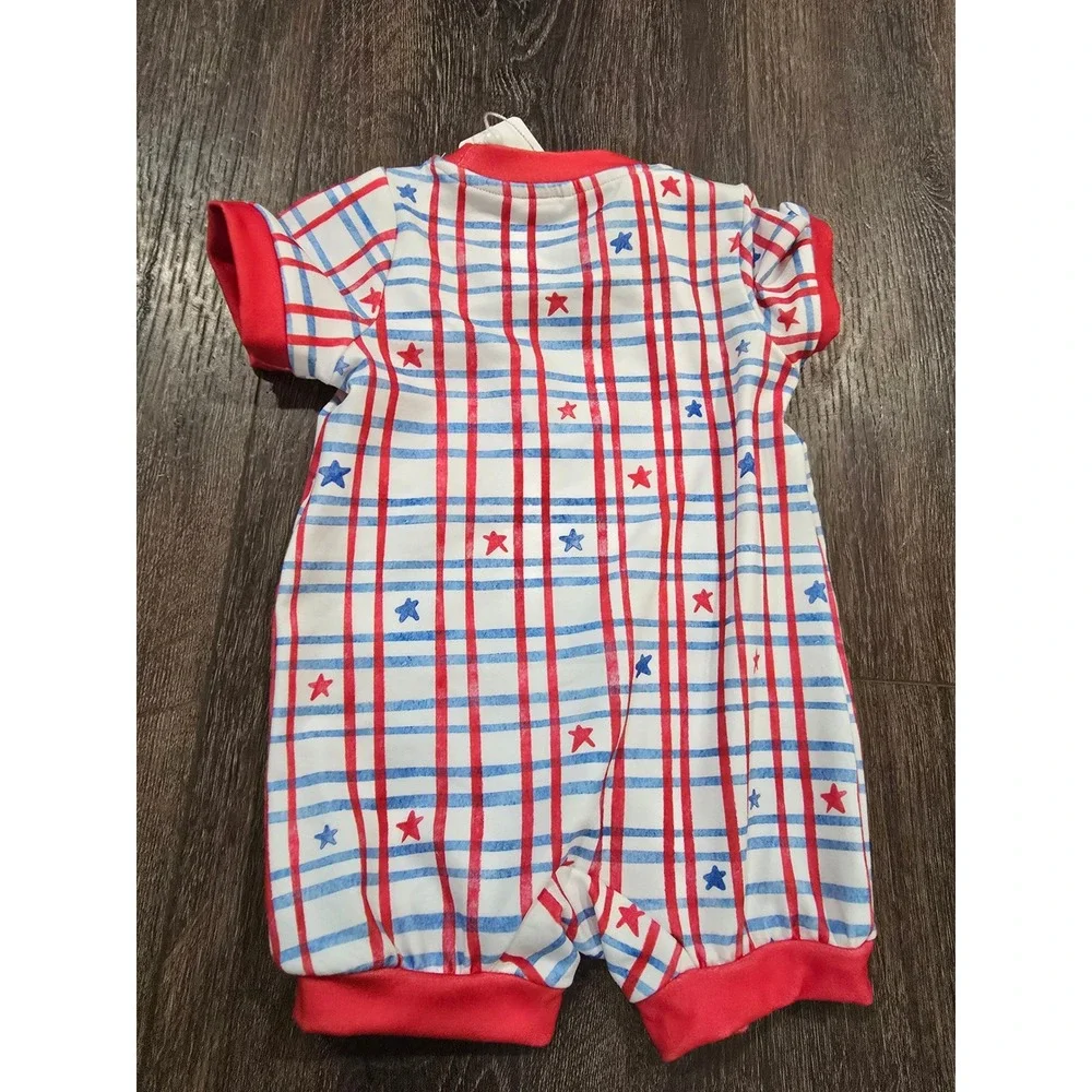 Pete + Lucy Baby Romper 3-6M Red White Blue Plaid Stars Patriotic P+Lush NWT